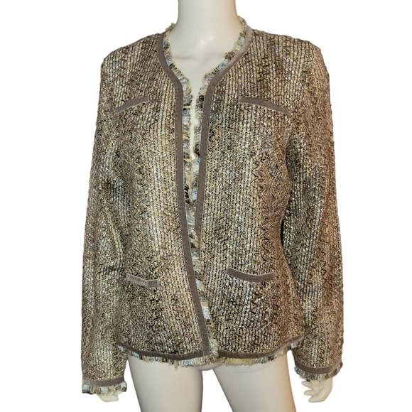 Liz Claiborne Studio Jacket Weaved L Brown Tan Blue - Picture 3 of 4